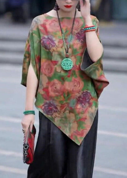Green Asymmetrical Print Silk Shirt Tops Bracelet Sleeve