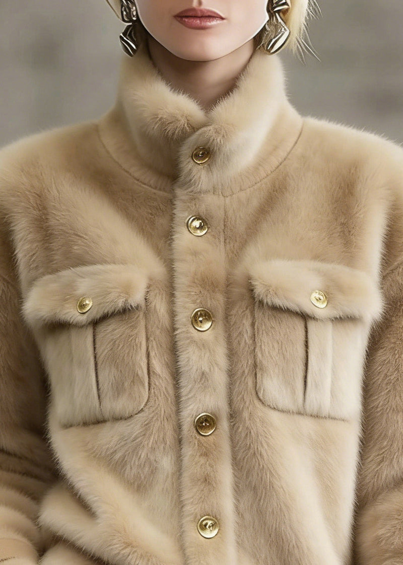 Khaki Stand Collar Pockets Faux Fur Coats Winter