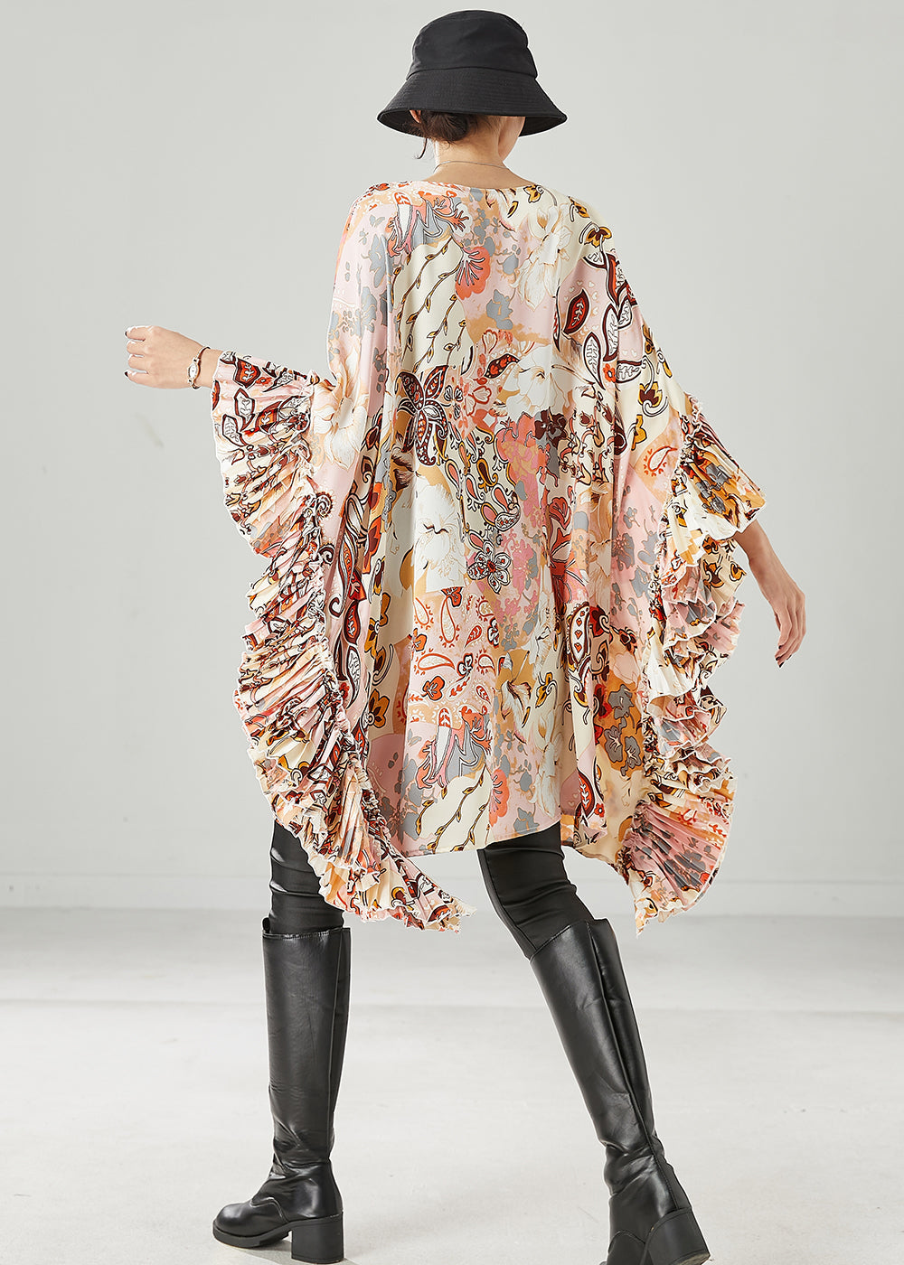 Art Apricot Print Ruffles Chiffon Maxi Dress Batwing Sleeve Spring