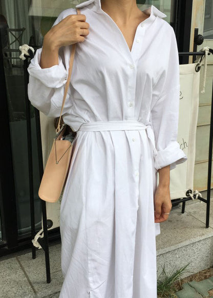 Boutique White Peter Pan Collar Tie Waist Cotton Ankle Dress Spring