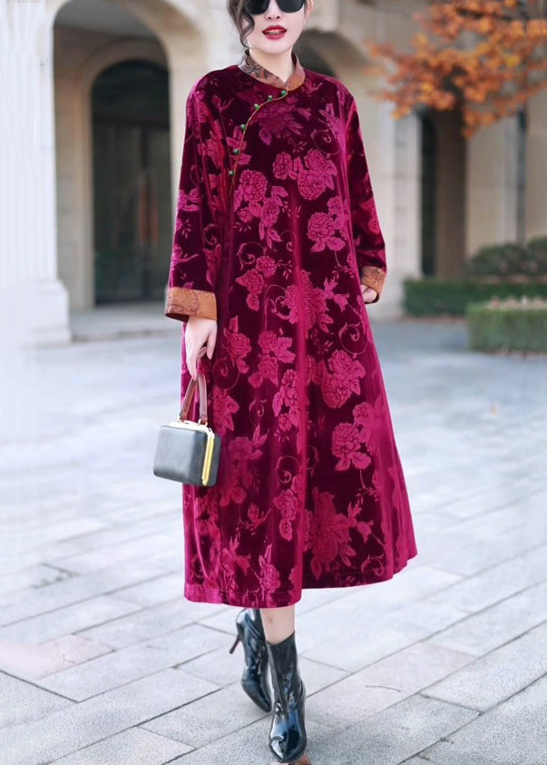 Red Button Patchwork Silk Velour Long Dress Stand Collar Winter