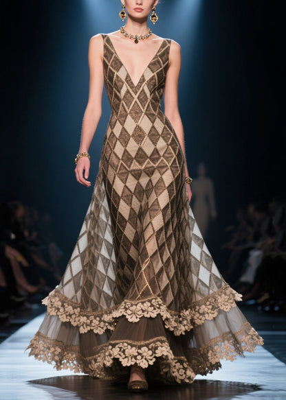Brown V Neck Plaid Chiffon Dinner Dress Summer