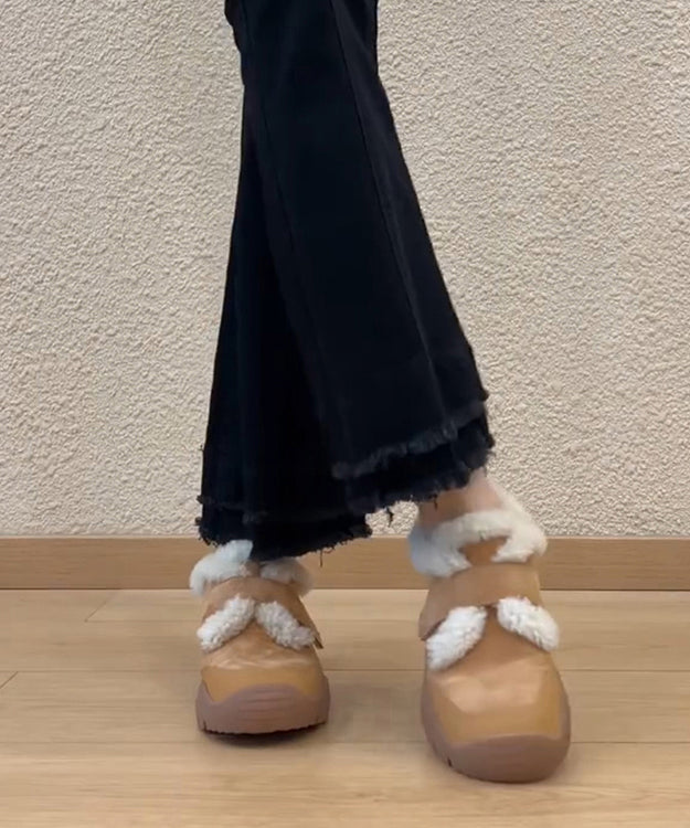 Splicing Platform Loafers Camel Suede Fuzzy Wool Lined