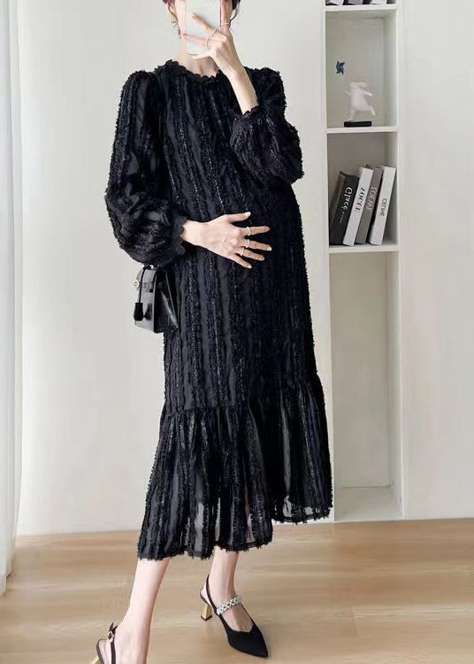 Black Stand Collar Wrinkledpatchwork Lace Dress Fall