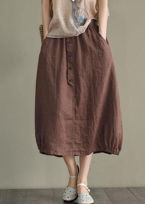 Beige Button a Line Summer Loose Skirts Linen