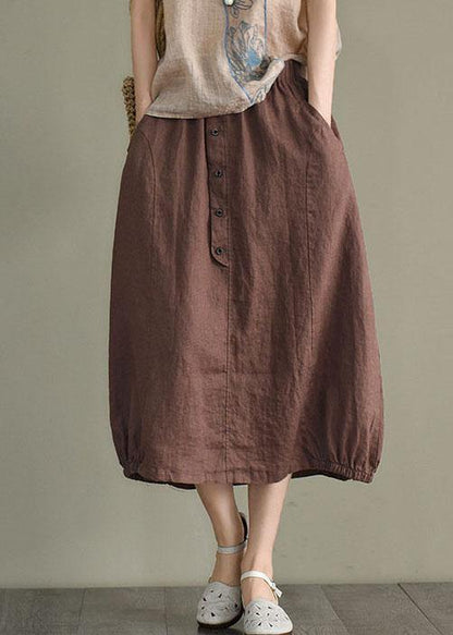 Beige Button a Line Summer Loose Skirts Linen
