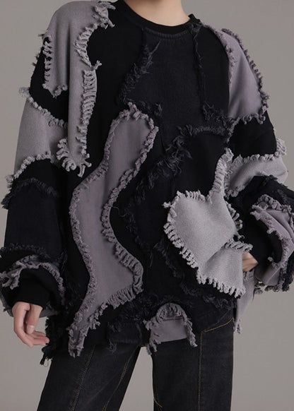 Black O-neck Patchwork Cotton Sweatshirts Long Sleeve