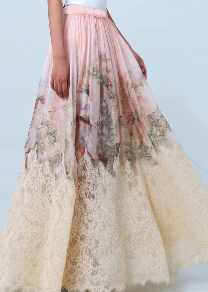 Pink Print Wrinkled Patchwork Lace Skirts Spring