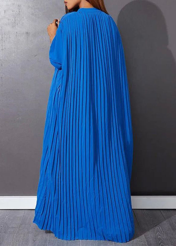 Blue O-neck Button Vacation Maxi Dresses Long Sleeve
