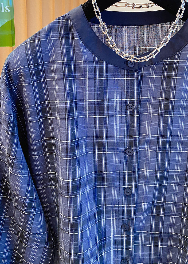 Blue O Neck Plaid Ruffled Cotton Shirt Top Fall