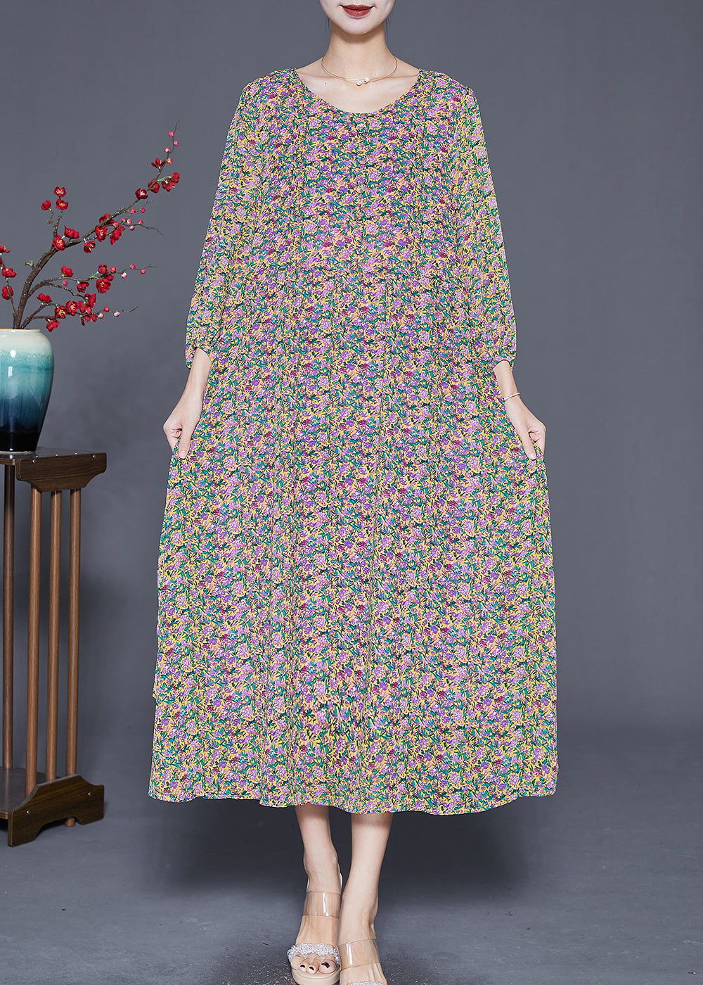 Print Tie Waist Chiffon Holiday Dress Bracelet Sleeve