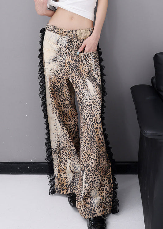 Leopard Pockets Lace Patchwork Denim Wide Leg Pants Fall