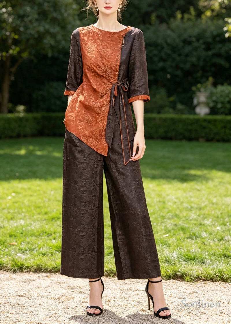 Orange Asymmetrical Patchwork Jacquard Two Piece Suit Set Half Sleeve