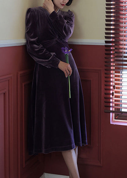 Purple V Neck Slim Fit Silk Velour Dresses Long Sleeve