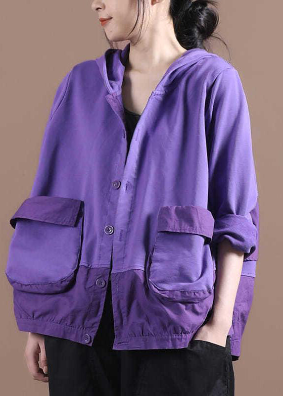Black O-neck Patchwork Pockets Button Hooded Coat Long Sleeve