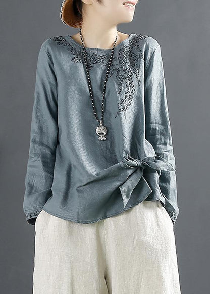 Unique Blue Print Tops O Neck Cotton Blouses