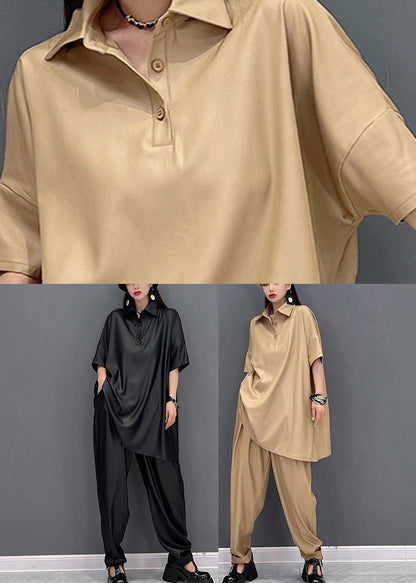 Black Peter Pan Collar T Shirt and Beam Pants Two Pieces Set Summer