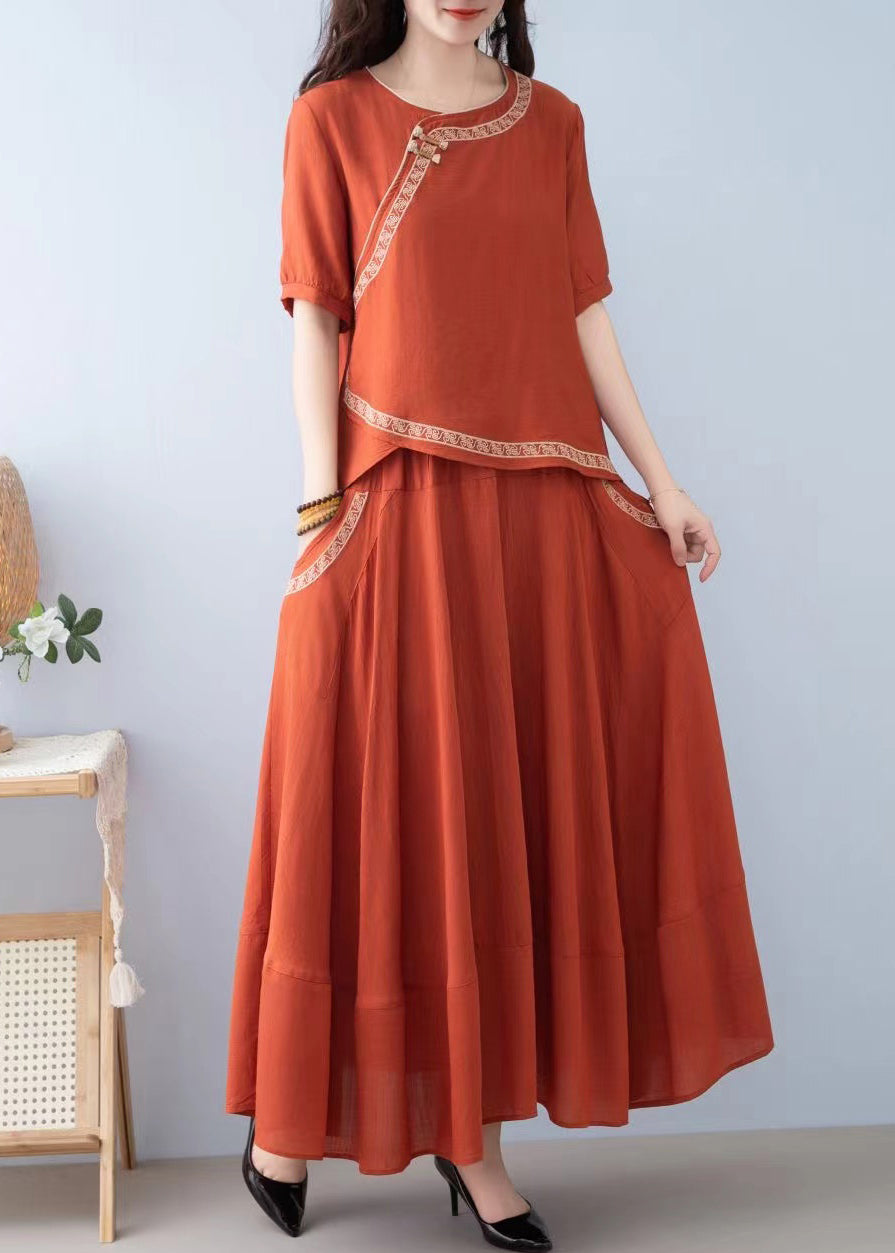 New Orange O Neck Pockets Linen Two-piece Set Summer