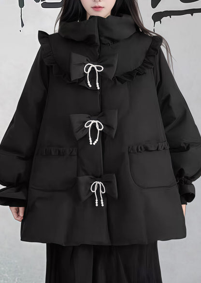 Black Ruffled Pockets Patchwork Fine Cotton Filled Puffers Jackets Winter