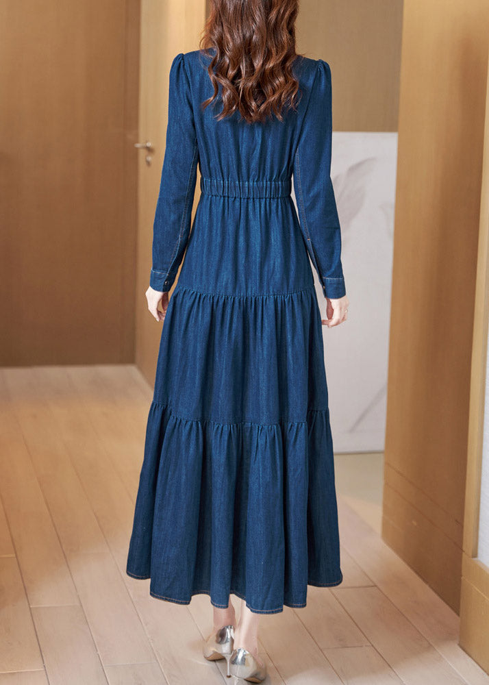 Denim Blue Peter Pan Collar Patchwork Wrinkled Tunic Button Cotton Maxi Dresses Long Sleeve
