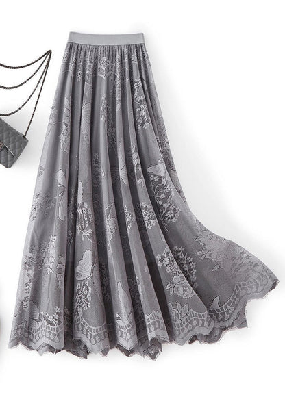 Loose Grey Hollow Out Elastic Waist Lace Skirt Spring
