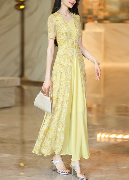 New Yellow Print False Two Pieces Patchwork Chiffon Dress Summer