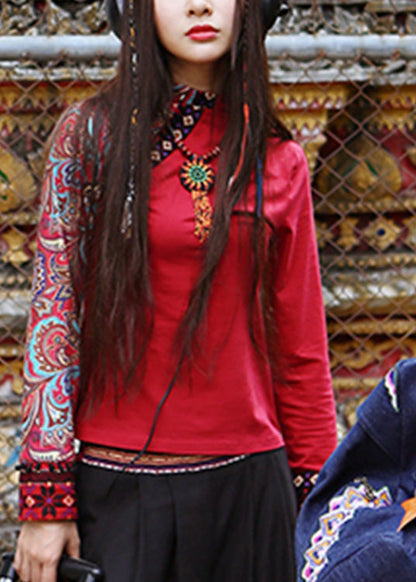 Red Turtleneck Print Cotton Tops Spring