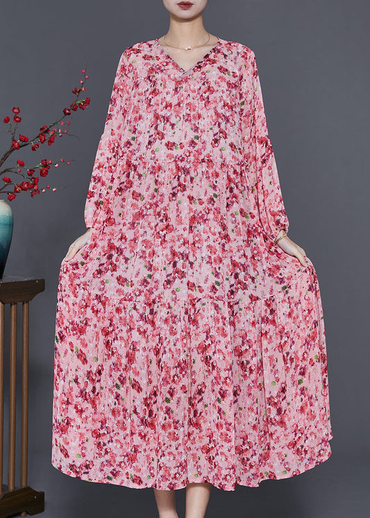 Pink Cinched Print Chiffon Holiday Dress Spring