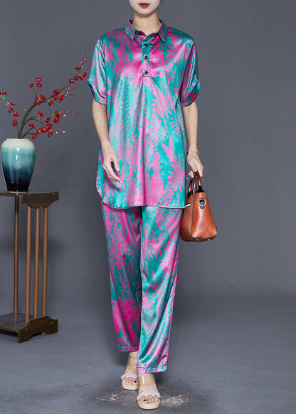 Rose Print Silk Two Piece Set Clothing Side Open Fall