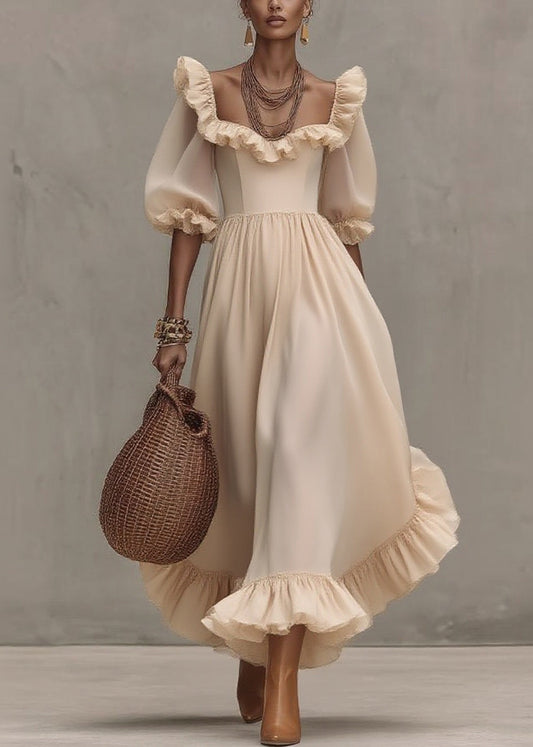 Apricot Square Collar Wrinkled Long Dress Half Sleeve
