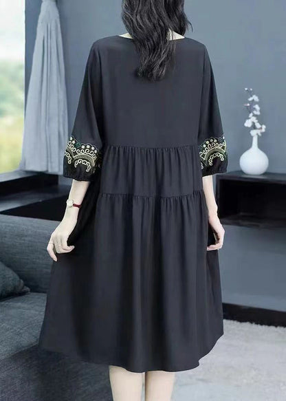 Loose Navy O-neck Embroidered Cotton Dresses Bracelet Sleeve Summer