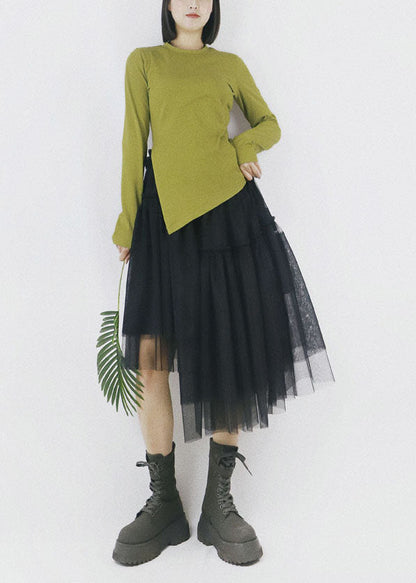 Slim Fit Green Color O-neck Asymmetrical Design Cotton Top Long Sleeve
