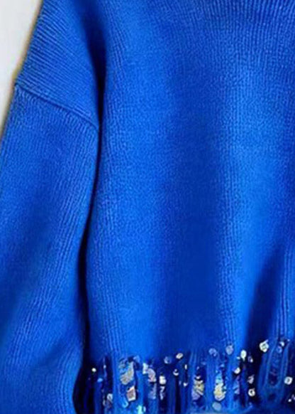Classy Blue O Neck Sequins Patchwork Knit Sweaters Spring
