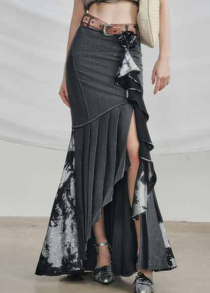 Art Grey Asymmetrical Wrinkled Cotton Skirts Fall