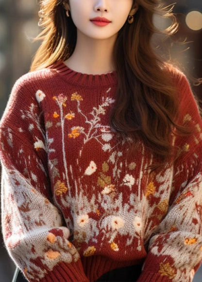 Jacquard Red O-neck Cozy Loose Knit Sweater Winter