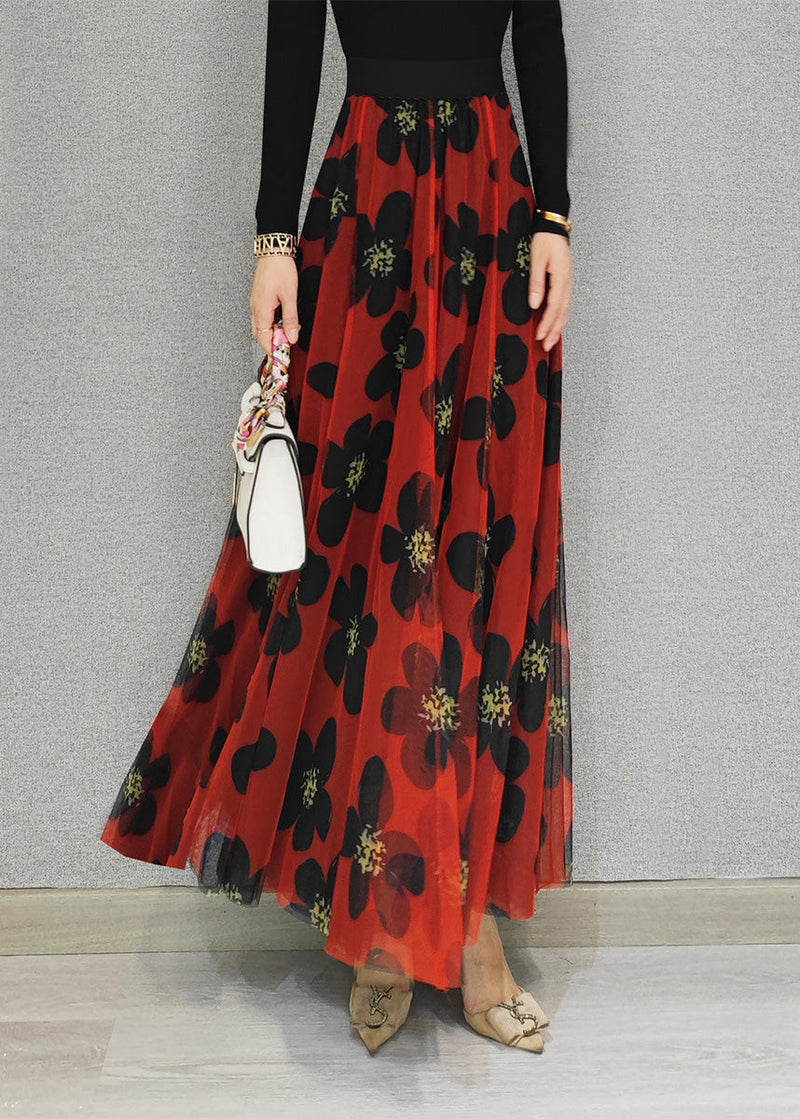 Red Elastic Waist Draping Tulle a Line Skirt Spring