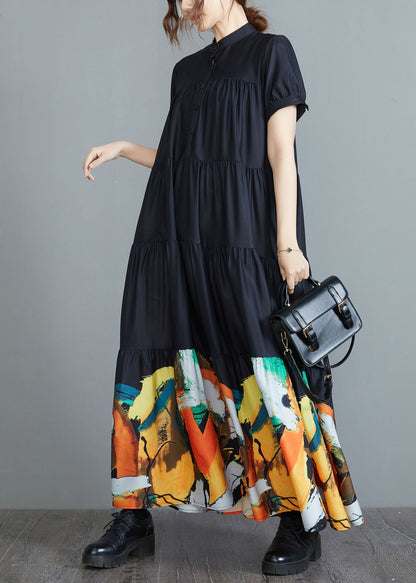 Black Stand Collar Patchwork Print Cotton Pleated Shirt Dress Short Sleeve