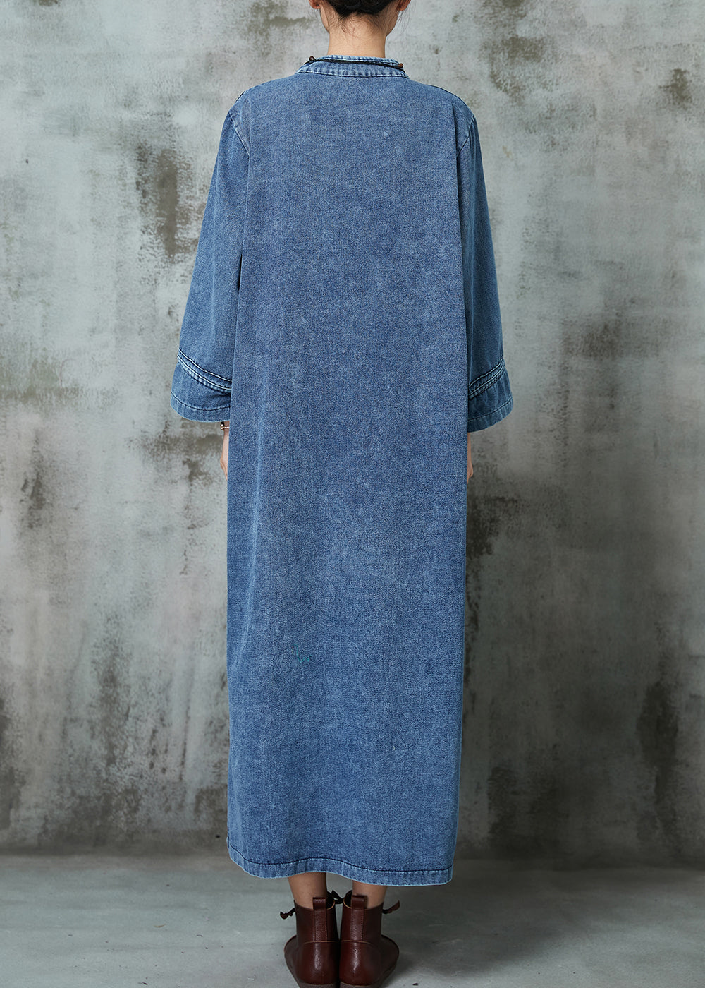 Blue Mandarin Collar Chinese Button Denim Dresses Spring