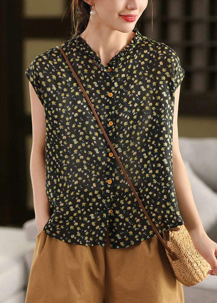 Diy Pink Ruffled Print Linen Tops Sleeveless