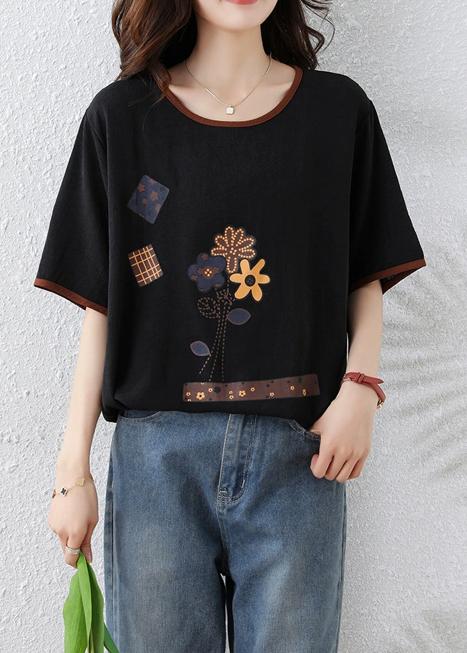 Black O Neck Print Lace Up Cotton T Shirt Summer
