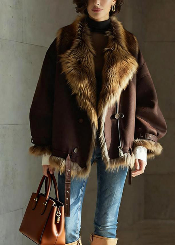 Brown Pockets Button Faux Fur Jackets Winter