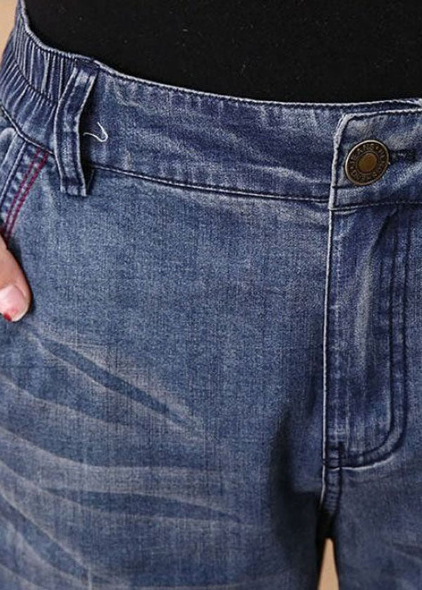 Blue Elastic Waist Pockets Cotton Denim Crop Pants Summer