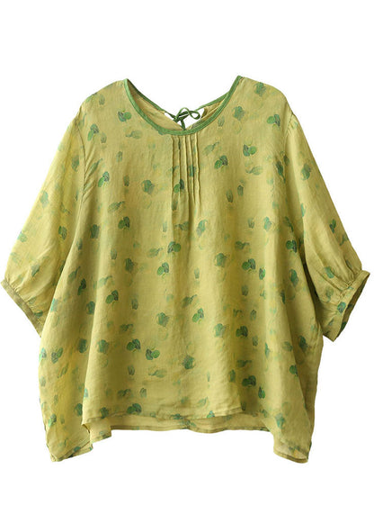 Handmade Green O-neck Wrinkled Tie Dye Print Linen Blouse Tops Bracelet Sleeve