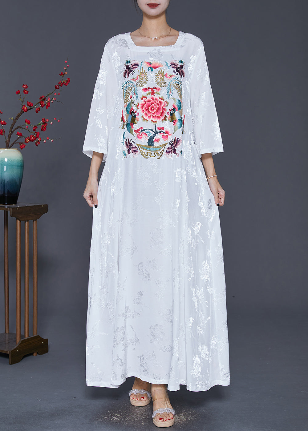 White Square Collar Embroideried Silk Ankle Dress Fall