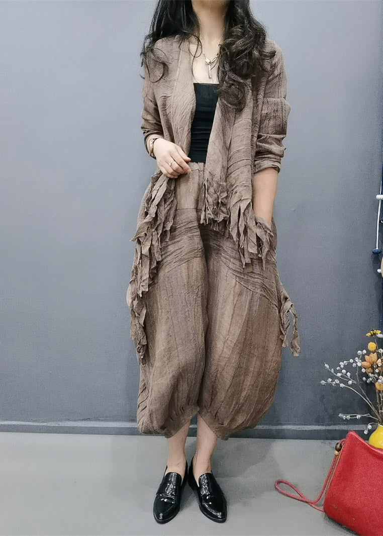 Retro Chocolate V Neck Tasseled Wrinkled Linen Coats and Lantern Pants Two Pieces Set Spring