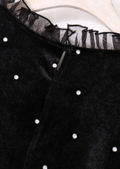 Vogue Black Turtleneck Nail Bead Silk Velvet Maxi Dress Spring