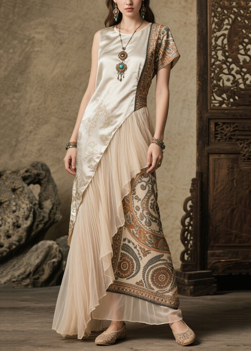 Beige Asymmetrical Patchwork Print Silk Robe Dresses Summer