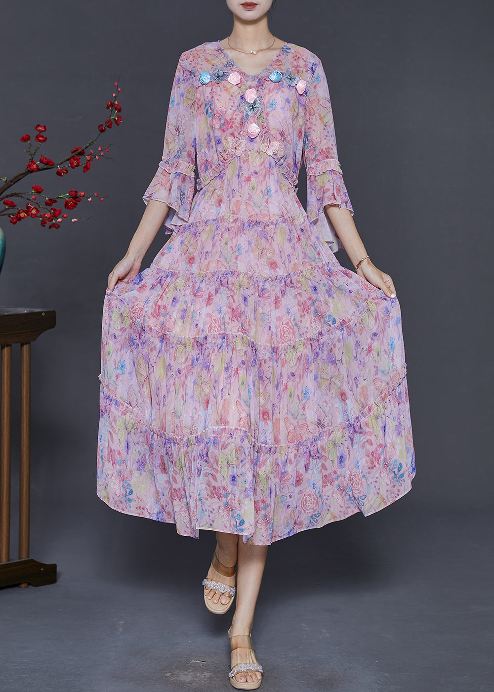 Modern Pink Print Butterfly Chiffon Dress Flare Sleeve