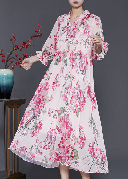 Pink Ruffled Print Chiffon Dress Spring