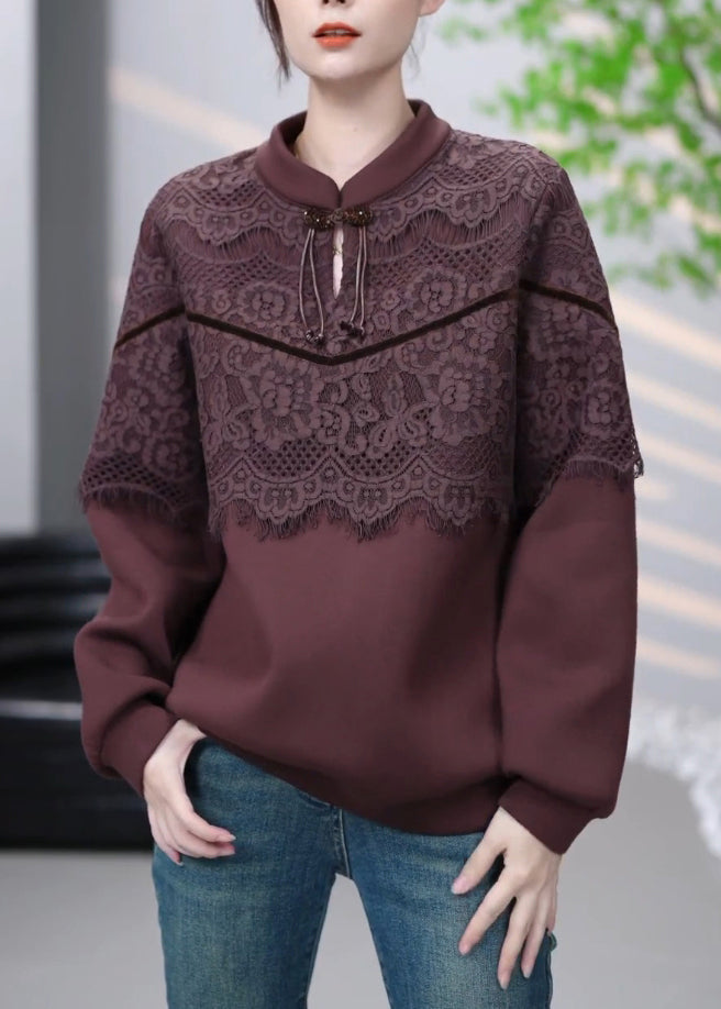 Brown Lace Patchwork Cotton Sweatshirt Winter